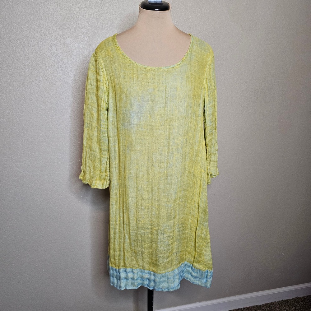 FLAX 100% Linen Tunic Top Yellow Blue Two Tone Double Gauze Lagenlook Size P/XS